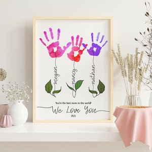 Personalized Mom handprint gift for Mother's Day or Birthday. Flower Handprint craft for kids. Printable handprint art for mimi, grandma