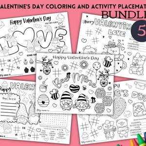 Valentine's Day Kids Coloring Placemats pack of 5. Printable Activity Placements Instant Download. Kids Valentines coloring pages pack