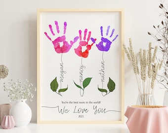 Personalized Mom handprint gift for Mother's Day or Birthday. Flower Handprint craft for kids. Printable handprint art for mimi, grandma