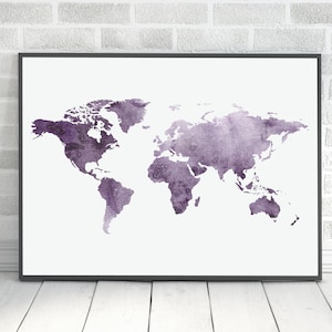 Téléchargement instantané Abstract World Map Print. Illustration murale de la carte du monde violette. Affiche violette moderne imprimable de la carte du monde. Art mural de bureau minimaliste