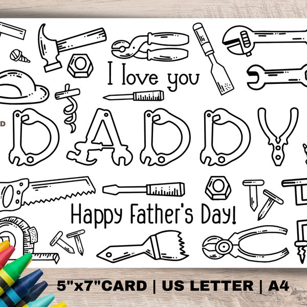 Kids Father's Day Coloring Card for daddy with funny hand tools. Instant download Fathers Day DIY card. Classroom coloring page for dad