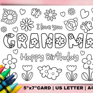 Cartão de aniversário para colorir para impressão para a vovó. Presente DIY do cartão de aniversário da avó. Artesanato infantil para o aniversário da vovó Cartão de download instantâneo