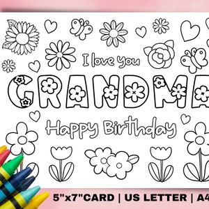 Printable coloring Birthday Card for Grandma. Grandmother Birthday Card DIY gift. Kids craft for grandma birthday Instant download card