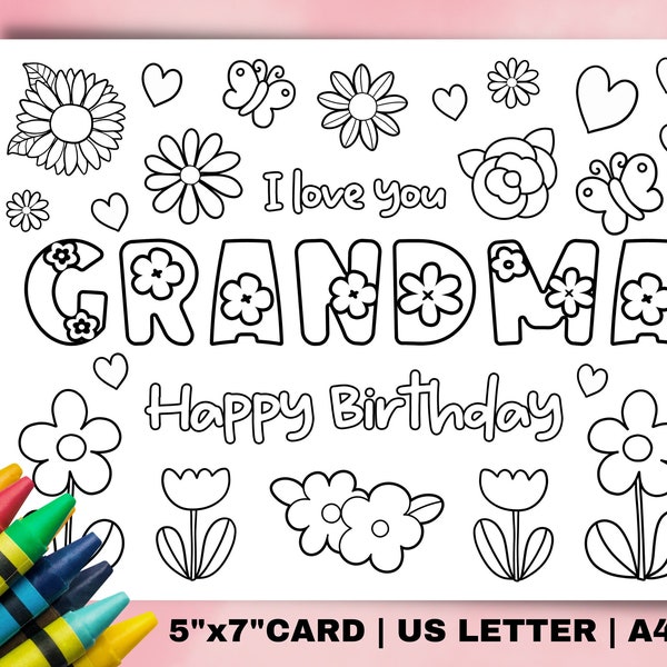 Printable coloring Birthday Card for Grandma. Grandmother Birthday Card DIY gift. Kids craft for grandma birthday Instant download card