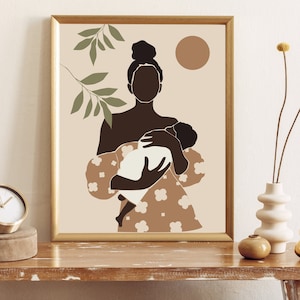 黒人の母と子のアート。授乳アート。抽象的な母性のアートプリント。すぐにダウンロード。ボヘミアン風の母の日ギフト。アフリカ系アメリカ人のアート