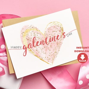 Printable Galentine's day card digital download. Pastel pink and gold Happy Galentines day card for best friends. Bestie valentines card