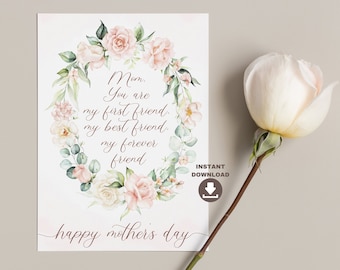 Instant download mothers day card with mother quotes and watercolor roses wreath. Best friend mom card. Mothers day quote printable gift