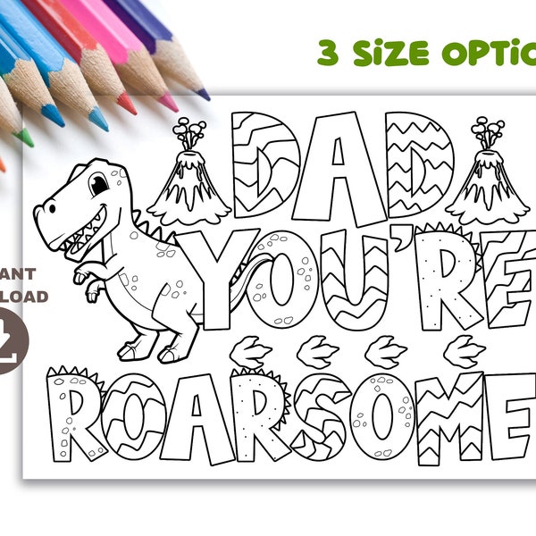 Dinosaur birthday Coloring Card for dad. Funny Father's day card for dad. Digital download coloring page for dad birthday. Roarsome dad card