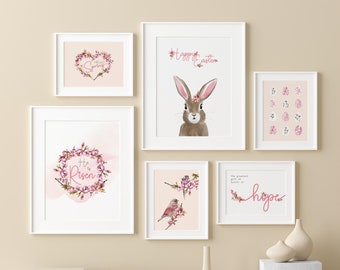 Pastel pink Spring and Easter Printable Gallery Wall Set. Printable Easter decor set of 6 prints. Floral Watercolor Spring wall art download