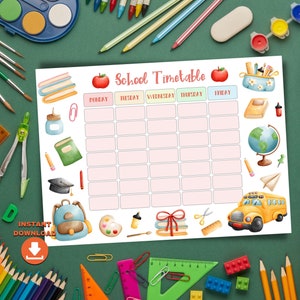 Printable School timetable instant download. Back to school gifts for kids. Cute school supplies digital download. School weekly planner