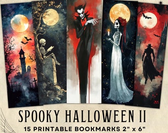 Spooky Halloween Bookmarks, Watercolor Style (PNG, PDF Digital Download)