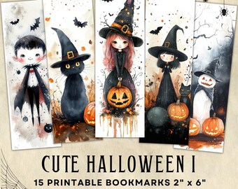 Cute Watercolor Halloween Bookmarks Set of 15 Spooky Designs - Digital Download  (PDF & PNG)