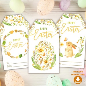 3 Printable Easter gift tags with Cute Easter Bunny, Easter Eggs and Easter wreath. Digital Download Easter Basket Tags. Easter favor tags image 1