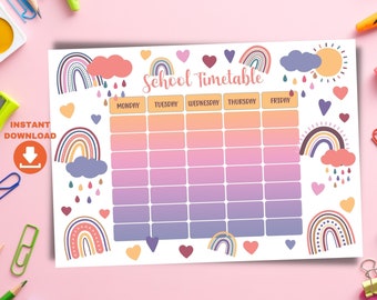 Boho Rainbow School timetable instant download. Printable Back to school gifts for kids. Pastel Rainbow school supplies. School schedule