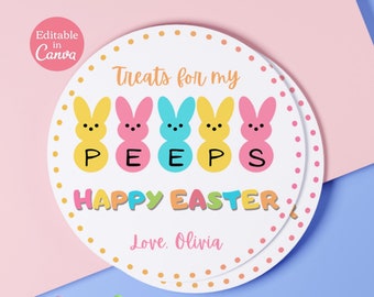 Editable Easter Treats gift tags Canva template. Printable Circle Easter tags with Easter peeps. Easter stickers, Easter goodie bag labels