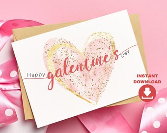 Descarga digital de la tarjeta del día de Galentine imprimible. Tarjeta del día Happy Galentines en rosa pastel y dorado para mejores amigos. Tarjeta de San Valentín Bestie