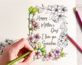 Color your own Mother's Day card for Grandma. Printable Mothers Day adult coloring card for Grandmother. Mothers day DIY gift for grandma