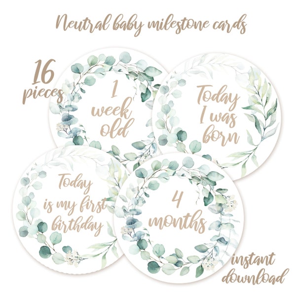 Neutral Baby Milestone Cards, Instant Download, Eucalyptus Shower gift, Greenery Baby Announcement, Baby Photo Props, Baby boy Shower Gift