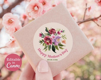 Printable Mother's Day circle sticker gift tag template. Editable mothers day tags Canva template. Round Mothers day gift labels template