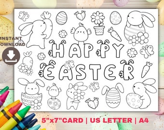 Happy Easter Coloring Card for kids. Printable Easter Bunny coloring card and coloring page Digital download. Kids classroom Easter crafts