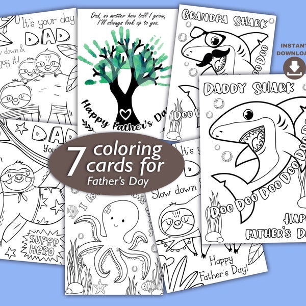 7 Fathers day coloring cards for kids. Coloring printable Card BUNDLE. Preschool craft Fathers day DIY gift. Father's Day craft classroom