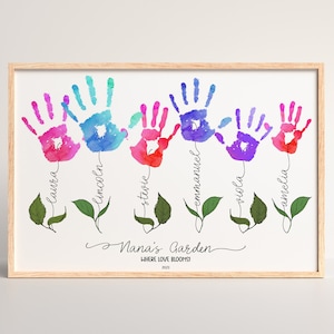 Könnte beinhalten: Ein gerahmter Aquarelldruck mit bunten Handabdrücken, die wie Blumen angeordnet sind. Jeder Handabdruck hat eine andere Farbe, mit Namen darunter geschrieben. Der Text "Nana's Garden Where Love Blooms! 2023" steht unten.