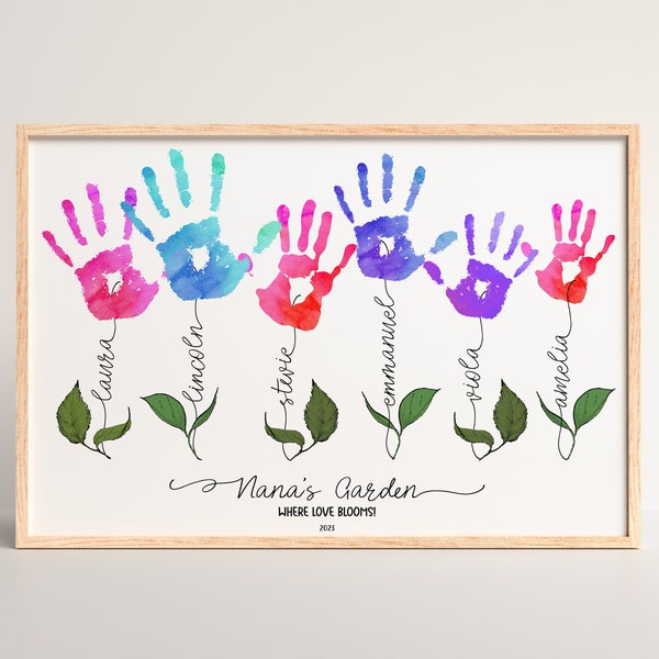 Oma's tuin handafdruk kunst. Gepersonaliseerde Moederdag of verjaardagscadeau van kleinkinderen. Afdrukbaar handafdrukcadeau voor Nana, Grammy, Gigi