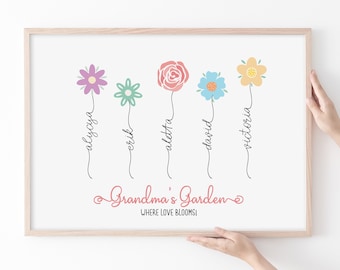 Personalized Mothers Day gift for Grandma. Grandmas Garden Printable sentimental gift with grandkids names. Great Grandma, Grammy gift ideas