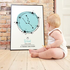 Custom Baby Zodiac Sign Poster. Personalized art for Nursery. Constellation print. Newborn star sign poster. Birth announcement wall art