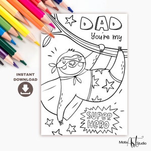 SuperHeld Dad Ausmalkarte. Dad Geburtstag oder Vatertag Ausmalkarte für Kinder. Lustige Faultier Druckbare Karte für Papa. Sofort-Download-Karte