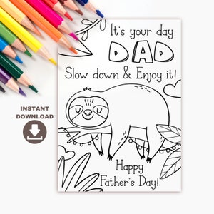 Biglietto da colorare per la festa del papà stampabile per bambini. Regalo fai da te per la festa del papà. Divertente aula di artigianato per papà. Scarica istantaneamente la carta della festa del papà del bradipo