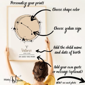 Personalisiertes Sternzeichen Poster für Baby. Neugeborenen Sternzeichen Geburtsanzeige Wandkunst. Personalisierte Konstellation fürs Kinderzimmer. Kinderzimmer Deko