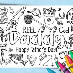 Bobine cool papa carte de fête des pères par des enfants. Carte à colorier amusante pour la fête des pères pour papa pêcheur. Bobine à téléchargement instantané, cadeau de pêche pour papa cool