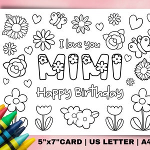 Carte d'anniversaire à colorier pour Mimi à imprimer. Cadeau bricolage carte d'anniversaire grand-mère. Bricolage pour grand-mère. Carte d'anniversaire Mimi à téléchargement immédiat