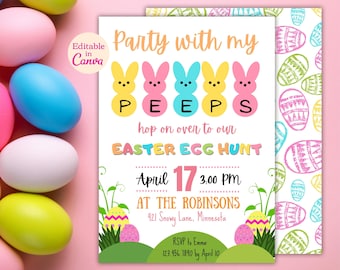 Easter Egg Hunt Invitation Editable Template. Editable Easter Peeps Invitation. Printable Easter Peeps Egg Hunt Party invite Canva template