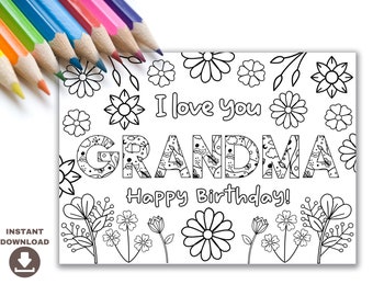 Printable coloring Birthday Card for Grandma. Grandmother Birthday Card DIY gift. Kids craft for grandma birthday. Instant download card