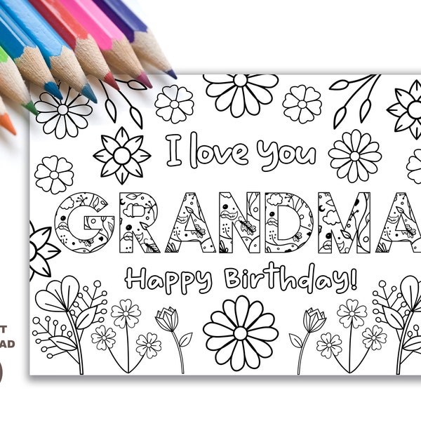 Printable coloring Birthday Card for Grandma. Grandmother Birthday Card DIY gift. Kids craft for grandma birthday. Instant download card