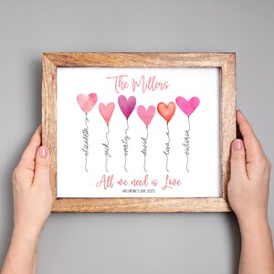 Personalized Valentines family sign. All we need is love Family Valentines Name Sign. Printable Valentine's day decor with watercolor hearts