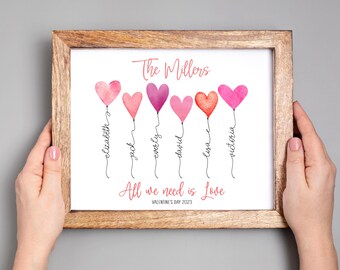 Personalized Valentines family sign. All we need is love Family Valentines Name Sign. Printable Valentine's day decor with watercolor hearts