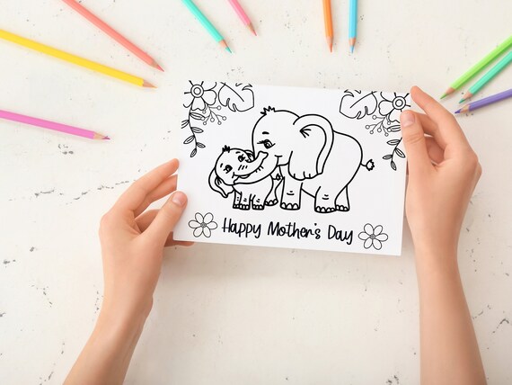 Cute Mothers Day Coloring Card for Kids With Elephant Baby and - Etsy