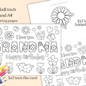 Printable coloring Birthday Card for Grandma. Grandmother Birthday Card DIY gift. Kids craft for grandma birthday Instant download card image 2