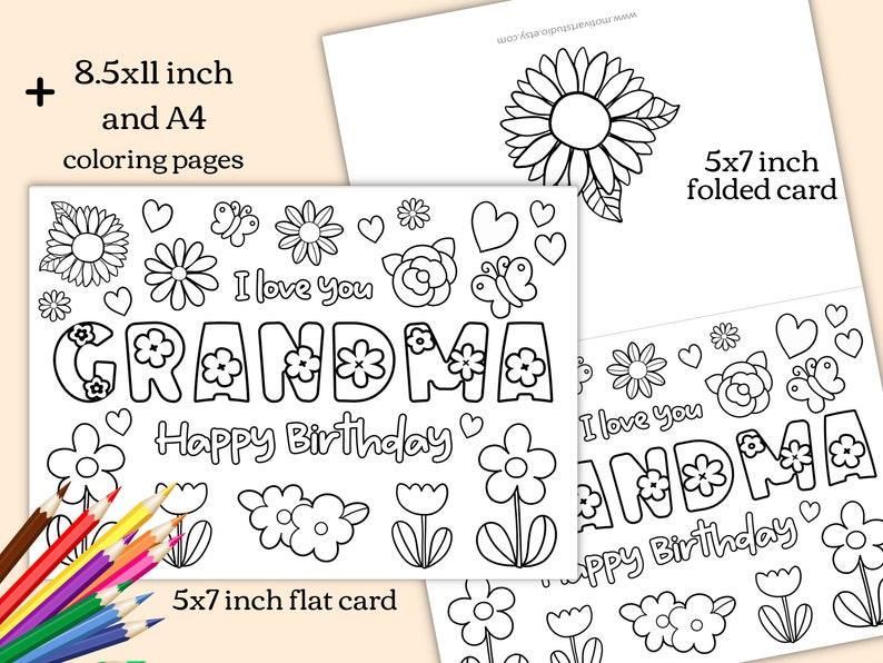 Printable coloring Birthday Card for Grandma. Grandmother Birthday Card DIY gift. Kids craft for grandma birthday Instant download card image 2