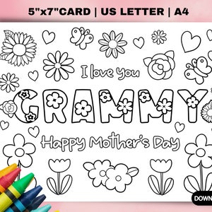 Printable Mothers Day coloring Card for Grammy. Mothers day DIY gift. Craft classroom for grandma. Children’s Mothers Day DIY card