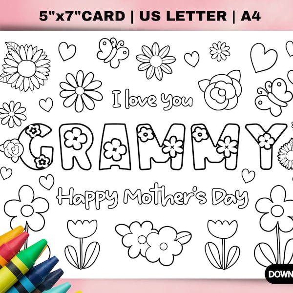 Printable Mothers Day coloring Card for Grammy. Mothers day DIY gift. Craft classroom for grandma. Children’s Mothers Day DIY card