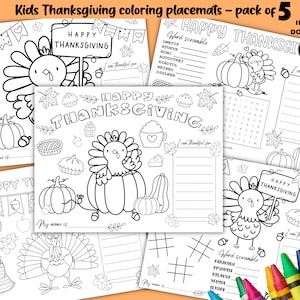Thanksgiving Kids Coloring Placemats pack of 5. Printable Activity Placements Instant Download bundle. Kids Thanksgiving coloring pages pack