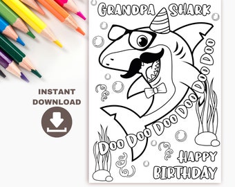 grandpa shark printable birthday coloring card for kids funny etsy