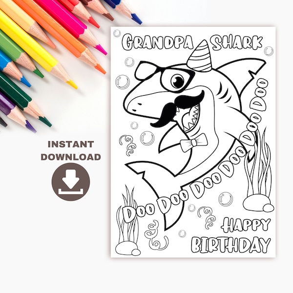 Grandpa Shark Printable Birthday Coloring Card for kids. Funny Birthday card for grandpa. Printable coloring page for grandfather birthday
