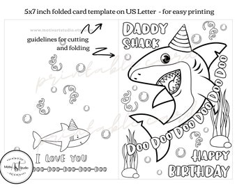 daddy shark printable birthday coloring card for kids funny etsy