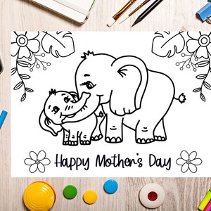 Cute Mothers Day Coloring Card for Kids With Elephant Baby and Mom ...