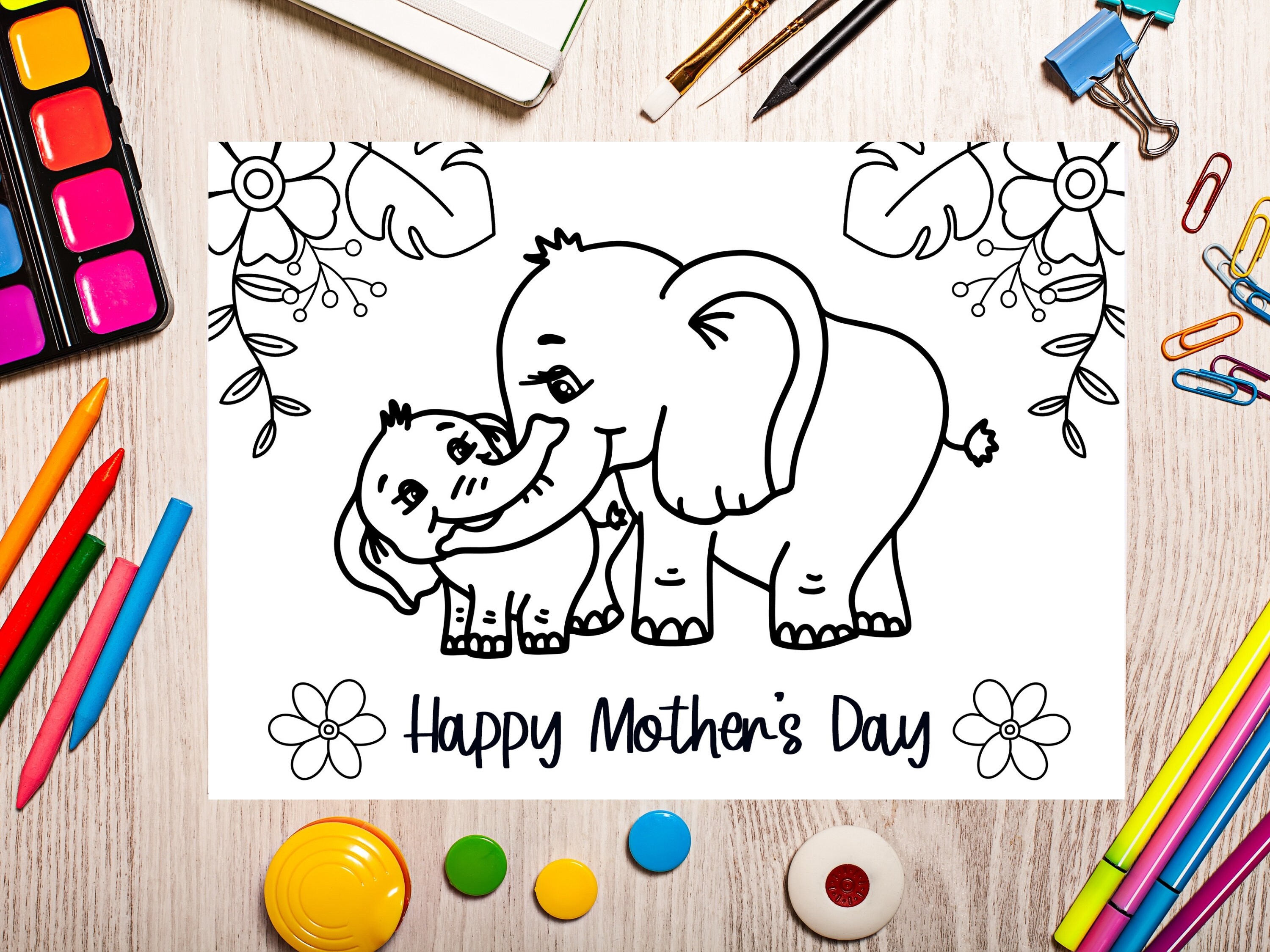 Cute Mothers Day Coloring Card for Kids With Elephant Baby and - Etsy